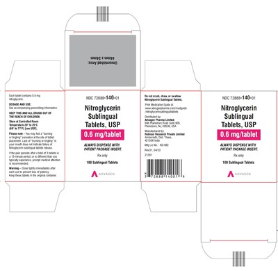 nitroglycerin-sublingual-tabs-usp-0pt6mg-carton-label.jpg Nitroglycerin Sublingual Tablets, USP 0.6 mg - NDC 72888-140-01 - Carton Label - nitroglycerin sublingual tabs usp 0pt6mg carton label