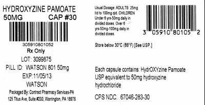 Ndc 0591-0801-01 Hydroxyzine Pamoate Capsules Usp 50 mg* Tartrazine Dye-free Watson 100 Capsules Rx Only (Hydroxyzine Pamoate Capsules 3)