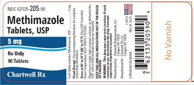 methimazole-tablets-usp-5mg-90s.jpg Methimazole Tablets, USP 5 mg - NDC 62135-205-90 - 90 Tablets Label - methimazole tablets usp 5mg 90s
