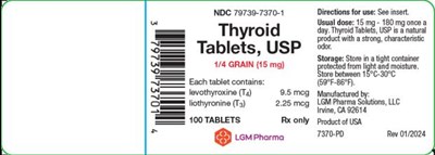 thyroid-tablets-usp-02.jpg PRINCIPAL DISPLAY PANELLGM Pharma Solutions, LLCNDC 79739-7370-1Thyroid Tablets, USP1/4 GRAIN (15 mg)Each tablet contains: levothyroxine (T4) 9.5 mcgliothyronine (T3) 2.25 mcg100 TABLETS Rx onlyDirections for use: See insert. Usual dose: 15 mg – 180 mg once a day. Thyroid Tablets, USP is a natural product with a strong, characteristic odor. Storage: Store in a tight container protected from light and moisture. Store between 15°C-30°C (59°F-86°F)Manufactured by:LGM Pharma Solutions, LLC Irvine, CA 92614Product of USA7370-PD Rev 01/2024 - thyroid tablets usp 02