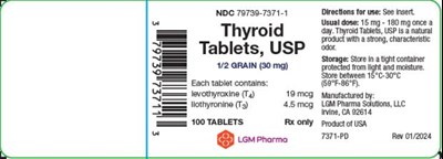 thyroid-tablets-usp-03.jpg PRINCIPAL DISPLAY PANELLGM Pharma Solutions, LLCNDC 79739-7371-1Thyroid Tablets, USP1/2 GRAIN (30 mg)Each tablet contains: levothyroxine (T4) 19 mcgliothyronine (T3) 4.5 mcg100 TABLETS Rx onlyDirections for use: See insert. Usual dose: 15 mg – 180 mg once a day. Thyroid Tablets, USP is a natural product with a strong, characteristic odor. Storage: Store in a tight container protected from light and moisture. Store between 15°C-30°C (59°F-86°F)Manufactured by:LGM Pharma Solutions, LLC Irvine, CA 92614Product of USA7371-PD Rev 01/2024 - thyroid tablets usp 03