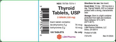 thyroid-tablets-usp-06.jpg PRINCIPAL DISPLAY PANELLGM Pharma Solutions, LLCNDC 79739-7374-1Thyroid Tablets, USP2 GRAIN (120 mg)Each tablet contains: levothyroxine (T4) 76 mcgliothyronine (T3) 18 mcg100 TABLETS Rx onlyDirections for use: See insert. Usual dose: 15 mg – 180 mg once a day. Thyroid Tablets, USP is a natural product with a strong, characteristic odor. Storage: Store in a tight container protected from light and moisture. Store between 15°C-30°C (59°F-86°F)Manufactured by:LGM Pharma Solutions, LLC Irvine, CA 92614Product of USA7374-PD Rev 01/2024 - thyroid tablets usp 06