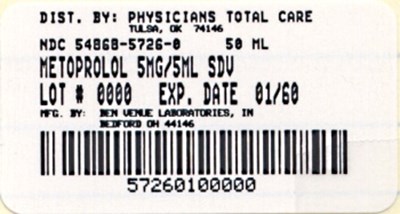 Vial Label For Metoprolol Tartrate Injection Usp 5 mg Per 5 mL (5726)