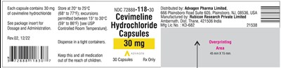 Cevimeline Hydrochloride Capsules 30mg (NDC 72888-118-30, Bottle of 30 Label)