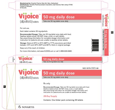 vijoice-02.jpg PRINCIPAL DISPLAY PANEL Vijoice™ (alpelisib) tablets NDC 0078-1021-84 50 mg daily dose Take one 50 mg tablet once daily Rx only Recommended Dosage: Take one 50 mg tablet once daily with food. Swallow tablets whole. DO NOT chew, crush, or split tablets. See prescribing information for complete dosage information and instruction for patients who are unable to swallow whole tablets. 28-Day Supply Contains: One blister pack containing 28 tablets NOVARTIS - vijoice 02