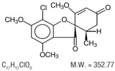Griseofulvin tablets, USP (microsize) contain griseofulvin microsize for oral administration. The active ingredient, griseofulvin, is a fungistatic antibiotic, derived from a species of Penicillium. The chemical name of griseofulvin is 7-chloro-2’,4,6-trimethoxy-6’β-methylspiro[benzofuran-2(3H),1’-[2]cyclohexane]-3-4’-dione. Its structural formula is: - griseofulvin tablets microsize 01