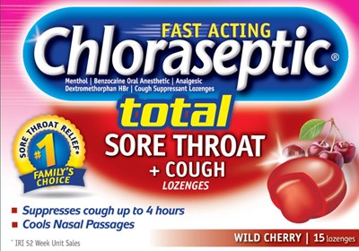 Principal Display Panelchloraseptic® Total Sore Throat + Cough Lozengesmenthol/benzocaine Oral Anesthetic/analgesicdextromethorphan Hbr Cough Suppressant15 Lozenges | Wild Cherry (Chloraseptic Total Wild Cherry Lozenge 01)