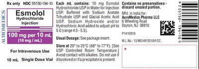 esmolol-fig1.jpg PACKAGE LABEL-PRINCIPAL DISPLAY PANEL - 100 mg per 10 mL (10 mg / mL) Container Label - esmolol fig1