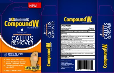 A blue box with yellow text and a white labelAI-generated content may be incorrect. - compound w complete coverage callus remover 63029  01