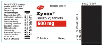 zyvox-10.jpg PRINCIPAL DISPLAY PANEL - 600 mg Tablet Bottle Label - NDC 0009-5138-02 - zyvox 10