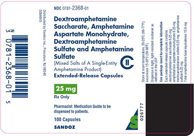 dextroamphetamine-06.jpg PRINCIPAL DISPLAY PANEL - 25 mg Capsule Bottle Label - dextroamphetamine 06