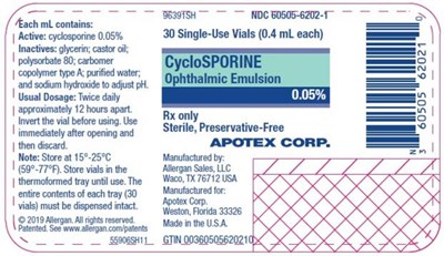 cyclosporine-ophthalmic-emulsion-0-05-apotex-02.jpg PRINCIPAL DISPLAY PANELNDC 60505-6202-130 Single-Use Vials (0.4 mL each)CycloSPORINEOphthalmic Emulsion0.05%Rx OnlySterile, Preservatice-Free - cyclosporine ophthalmic emulsion 0 05 apotex 02