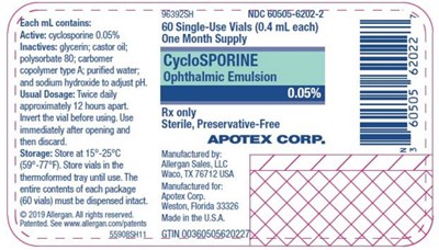 cyclosporine-ophthalmic-emulsion-0-05-apotex-03.jpg PRINCIPAL DISPLAY PANELNDC 60505-6202-260 Single-Use Vials (0.4 mL each)One Month SupplyCycloSPORINEOphthalmic Emulsion0.05%Rx OnlySterile, Preservatice-Free - cyclosporine ophthalmic emulsion 0 05 apotex 03