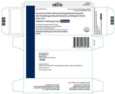 odactra-01.jpg PRINCIPAL DISPLAY PANELNDC 52709-1701-3House Dust Mite (Dermatophagoides farinae and Dermatophagoides pteronyssinus) Allergen ExtractODACTRA™Tablet for sublingual use 12SQ-HDMRx Only - odactra 01