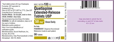 Quetiapine fumarate extended-release tablets bottle label 30 tablets - quetiapine 50mg 30 tablets