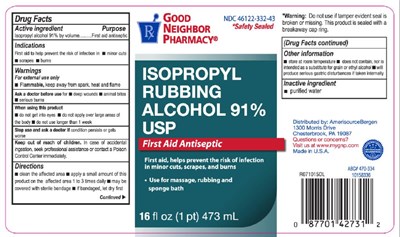 Principal Display Panelndc 46122-332-43isopropylrubbingalcohol 91%uspfirst Aid Antiseptic16 Fl Oz (1 Pt) 473 mL (Gnp Isopropyl Alcohol 91 Percent Usp 01)