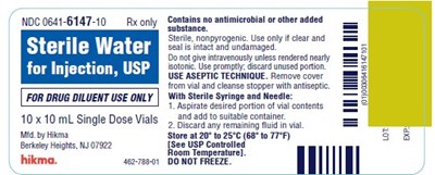 Ndc 0641-6147-25 Rx Only Sterile Water For Injection, Usp For Drug Diluent Use Only 25 X 10 mL Single Dose Vials Contains No Antimicrobial Or Other Added Substance. Sterile, Nonpyrogenic. Use Only If Clear And Seal Is Intact And Undamaged. Do Not Give Intravenously Unless Rendered Nearly Isotonic. Use Promptly; Discard Unused Portion. Use Aseptic Technique. Remove Cover From Vial And Cleanse Stopper With Antiseptic. With Sterile Syringe And Needle: 1. Aspirate Desired Portion Of Vial Contents And Add To Suitable Container. 2. Discard Any Remaining Fluid In Vial. Store At 20º To 25ºc (68º To 77ºf) [see Usp Controlled Room Temperature]. Do Not Freeze. (Sterile Water For Injection Usp 3)