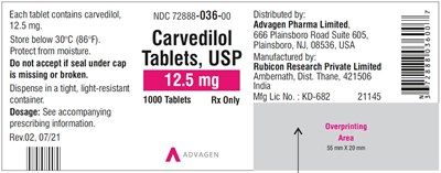 carvedilol-tab-usp-12pt5mg-1000s-label.jpg Carvedilol Tablets USP, 12.5 mg - NDC 72888-036-00 - 1000 Tablets Container Label - carvedilol tab usp 12pt5mg 1000s label