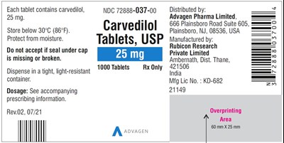 carvedilol-tab-usp-25mg-1000s-label.jpg Carvedilol Tablets USP, 25 mg - NDC 72888-037-00 - 1000 Tablets Container Label - carvedilol tab usp 25mg 1000s label
