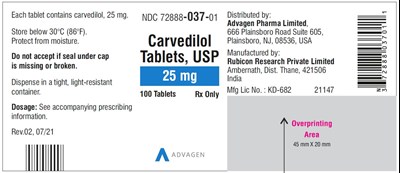 carvedilol-tab-usp-25mg-100s-label.jpg Carvedilol Tablets USP, 25 mg - NDC 72888-037-01 - 100 Tablets Container Label - carvedilol tab usp 25mg 100s label
