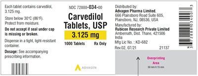 carvedilol-tab-usp-3pt125mg-1000s-label.jpg Carvedilol Tablets USP, 3.125 mg - NDC 72888-034-00 - 1000 Tablets Container Label - carvedilol tab usp 3pt125mg 1000s label