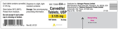 carvedilol-tab-usp-3pt125mg-100s-label.jpg Carvedilol Tablets USP, 3.125 mg - NDC 72888-034-01 - 100 Tablets Container Label - carvedilol tab usp 3pt125mg 100s label
