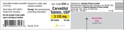 carvedilol-tab-usp-3pt125mg-500s-label.jpg Carvedilol Tablets USP, 3.125 mg - NDC 72888-034-05 - 500 Tablets Container Label - carvedilol tab usp 3pt125mg 500s label