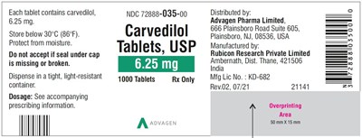 carvedilol-tab-usp-6pt25mg-1000s-label.jpg Carvedilol Tablets USP, 6.25 mg - NDC 72888-035-00 - 1000 Tablets Container Label - carvedilol tab usp 6pt25mg 1000s label