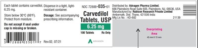 carvedilol-tab-usp-6pt25mg-100s-label.jpg Carvedilol Tablets USP, 6.25 mg - NDC 72888-035-01 - 100 Tablets Container Label - carvedilol tab usp 6pt25mg 100s label
