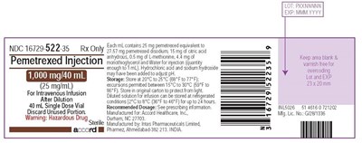 pemetrexed-label-40ml.jpg PACKAGE LABEL – Pemetrexed Injection 1000 mg/40 mL single-dose vial - pemetrexed label 40ml