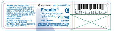 focalin-01.jpg PRINCIPAL DISPLAY PANEL NOVARTIS NDC 0078-0380-05 Focalin® dexmethylphenidate hydrochloride 2.5 mg 100 tablets Rx only Dispense with Medication Guide attached or provided separately. - focalin 01