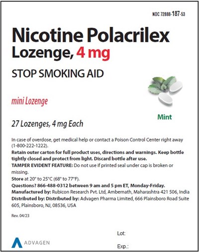nicotine-polacrilex-lozenge-4-mg-27-container-label.jpg nicotine Polacrilex Lozenge, 4 mg - NDC 72888-187-53 - 27s Container Label - nicotine polacrilex lozenge 4 mg 27 container label
