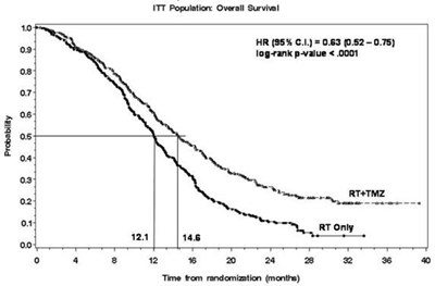 temodar-03.jpg FIGURE 1: Kaplan-Meier Curves for Overall Survival (ITT Population) - temodar 03
