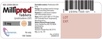 millipred-2.jpg NDC 23594-505-01 Millipred Tablets (prednisolone USP) 5 mg Zylera 100 Tablets Rx only - millipred 2