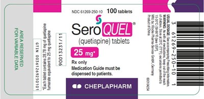 Seroquel 25 mg 100 Tablet Bottle Label (Ndc61269 250 10)