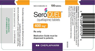 Seroquel 400 mg 100 Tablet Bottle Label (Ndc61269 255 10)