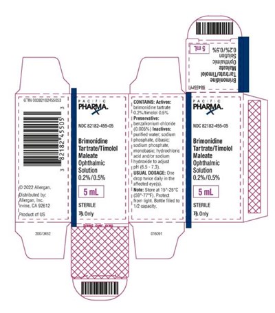 brimonidine-tartrate-and-timolol-maleate-ophthalmi-04.jpg PRINCIPAL DISPLAY PANELNDC 82182-455-05Brimonidine Tartrate/Timolol MaleateOphthalmic Solution 0.2%/0.5%5 mLSTERILERx OnlyPACIFIC PHARMA - brimonidine tartrate and timolol maleate ophthalmi 04