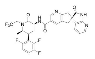 The active ingredient of TRADENAME is atogepant, a calcitonin gene-related peptide (CGRP) receptor antagonist. The chemical name of atogepant is (S)-N-((3S,5S,6R)-6-methyl-2-oxo-1-(2,2,2-trifluoroethyl)-5-(2,3,6-trifluorophenyl)piperidin-3-yl)-2'-oxo-1',2',5,7-tetrahydrospiro[cyclopenta[b]pyridine-6,3'-pyrrolo[2,3-b]pyridine]-3-carboxamide and has the following structural formula: - qulipta 01