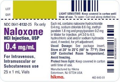 Ndc 0641-6132-25 Rx Only Naloxone HCl Injection, Usp 0.4 mg/ml For Intravenous, Intramuscular Or Subcutaneous Use 25 X 1 mL Vials Light Sensitive: Keep Covered In Carton Until Time Of Use. To Open (Cut seal along dotted line. Each mL contains naloxone hydrochloride 0.4 mg, sodium chloride 8.6 mg, methylparaben 1.8 mg and propylparaben 0.2 mg in Water for Injection. pH 3.0-4.5; hydrochloric acid and/or sodium hydroxide used, if needed, for pH adjustment. USUAL DOASGE: See package insert. Store at 20º to 25ºC (68º to 77ºF) [See USP Controlled Room Temperature]. Avoid freezing. PROTECT FROM LIGHT: Keep covered in carton until time of use.)