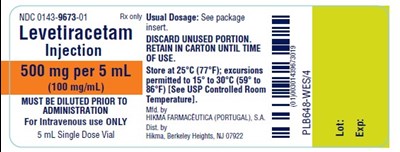 Ndc 0143-9673-01 Levetiracetam Injection 500 mg/5 mL (100 mg/ml) Must Be Diluted Prior To Administration For Iv Use Only Rx Only 5 mL Single Dose Vial Usual Dosage: See Package Insert. Discard Unused Portion. Retain In Carton Until Time Of Use. Store At 25ºc (77ºf); Excursions Permitted To 15º To 30ºc (59º To 86ºf) [see Usp Controlled Room Temperature]. (Levetiracetam Injection 8)
