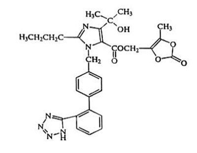 The Structural Formula For Olmesartan Medoxomil Is A White To Light Yellowish-white Powder Or Crystalline Powder With A Molecular Weight Of 558.6.  It Is Practically Insoluble In Water And Sparingly Soluble In Methanol. (Olmesartan Medoxomil And Hydrochlorothiazide 01)