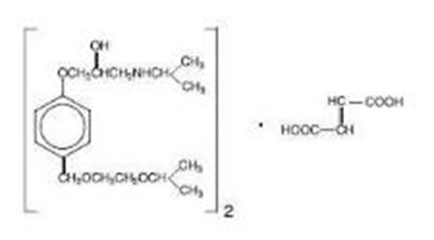 The structure formula for Bisoprolol fumarate, USP is a synthetic, beta1-selective (cardio-selective) adrenoceptor blocking agent. The chemical name for bisoprolol fumarate is (±)-1-[4-[[2-(1-Methylethoxy)ethoxy]methyl]phenoxy]-3-[(1-methylethyl)amino]-2-propanol(E)-2-butenedioate (2:1) (salt). It possesses an asymmetric carbon atom in its structure and is provided as a racemic mixture. The S(-) enantiomer is responsible for most of the beta-blocking activity. Its molecular formula is (C18H31NO4)2•C4H4O4. - bisoprolol tablets usp 5mg and 10mg 01