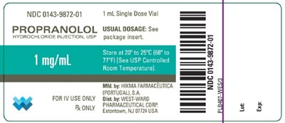 NDC 0143-9872-01 PROPRANOLOL HYDROCHLORIDE INJECTION, USP 1 mg/mL FOR IV USE ONLY Rx ONLY 1 mL Single Dose Vial USUAL DOSAGE: See package insert. Store at 20º to 25ºC (68º to 77ºF) [See USP Controlled Room Temperature]. - propranolol injection 2