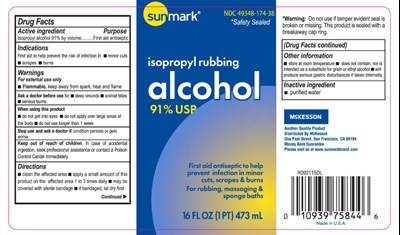 sunmark-isopropyl-alcohol-91-percent-usp-01.jpg Principal Display PanelNDC 49348-174-38isopropyl rubbingalcohol91% USP16 FL OZ (1 PT) 473 mL - sunmark isopropyl alcohol 91 percent usp 01