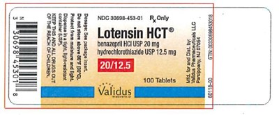 lotensin-hct-04.jpg PRINCIPAL DISPLAY PANEL 20 mg benazepril/12.5 mg hydrochlorothiazide TabletNDC 30698-453-01Lotensin HCT® 20/12.5benazepril HCl USP 20 mghydrochlorothiazide USP 12.5 mg20/12.5100 TabletsRx Only - lotensin hct 04