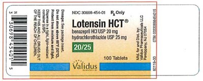 lotensin-hct-05.jpg PRINCIPAL DISPLAY PANEL 20 mg benazepril/25 mg hydrochlorothiazide TabletNDC 30698-454-01Lotensin HCT® 20/25benazepril HCl USP 20 mghydrochlorothiazide USP 25 mg20/25100 TabletsRx Only - lotensin hct 05