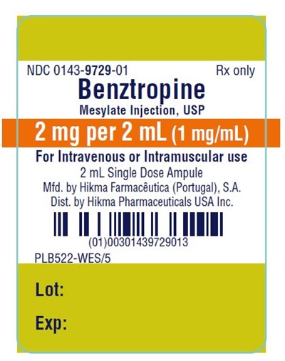 benztropine-mesylate-injection-ww-2.jpg NDC 0143-9729-05 BENZTROPINE MESYLATE INJECTION, USP 2 mg/2 mL (1 mg/mL) FOR IV OR IM USE Rx ONLY - benztropine mesylate injection ww 2