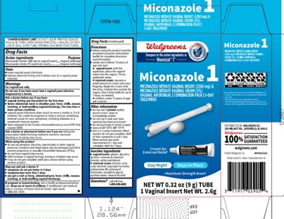 Miconazole 1miconazole Nitrate Vaginal Insert (1200 mg) &amp;miconazole Nitrate Vaginal Cream (2%)vaginal Antifungal | Combination Pack| 1-day Treatmentcream For External Relief-	Maximum Strength Insertnet Wt. 0.32oz (9g) Tube 1 Vaginal Insert Net Wt. 2.6g (Walgreens Miconazole 1 Combination Pack 0363 5211 01)