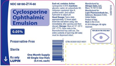 PRINCIPAL DISPLAY PANELNDC 68180-214-60Cyclosporine Ophthalmic Emulsion0.05%Preservative-FreeSterile60 Single-Use Vials(0.4 mL each)LUPINRx only - cyclosporine ophthalmic emulsion   lupin 03