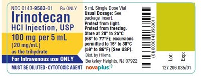 Ndc 0143-9583-01 Rx Only Irinotecan Hydrochloride Injection, Usp 100 mg/5 mL (20 mg/ml) As The Trihydrate For Iv Use Only Must Be Diluted (CYTOTOXIC AGENT 5 mL Single Dose Vial USUAL DOSAGE: See package insert. PROTECT FROM LIGHT. PROTECT FROM FREEZING. Store at 20º to 25ºC (68º to 77ºF); excursions permitted to 15º to 30ºC (59º to 86ºF) [See USP].)